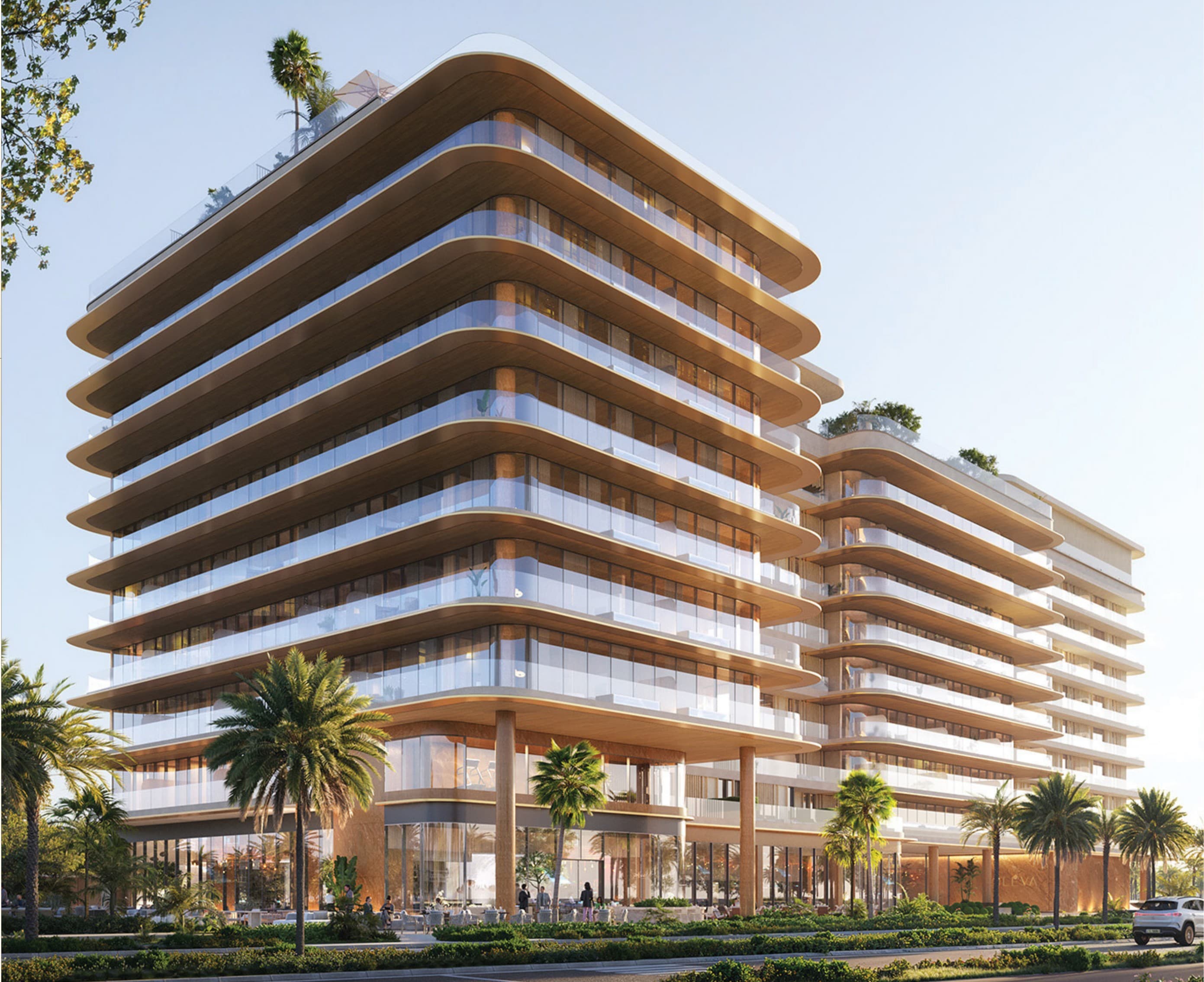Soléva Beach Residences: stacked curved balconies in warm timber and glass, set among palms